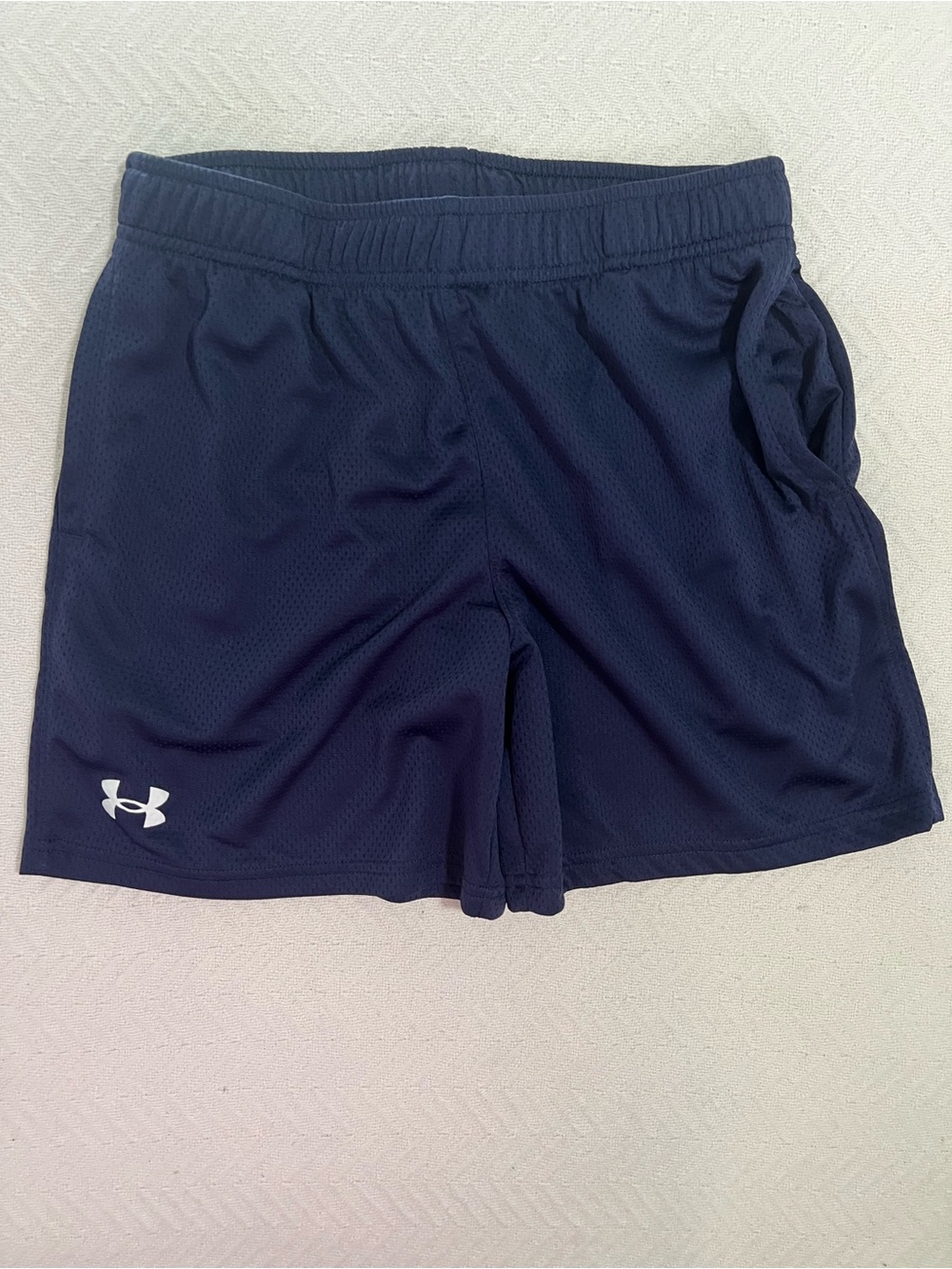Under Armour  Dark Navy Athletic Shorts with White Logo pockets youth large YL